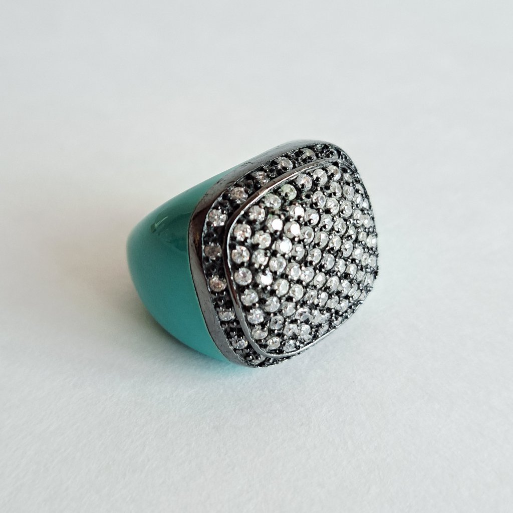 Angelique De Paris Sterling Silver Cubic Zirconia Resin Blue Square Ring Size 7